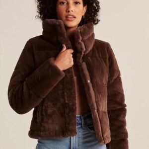Abercrombie & Fitch faux fur mini puffer retro snap warm lined Jacket crop coat
